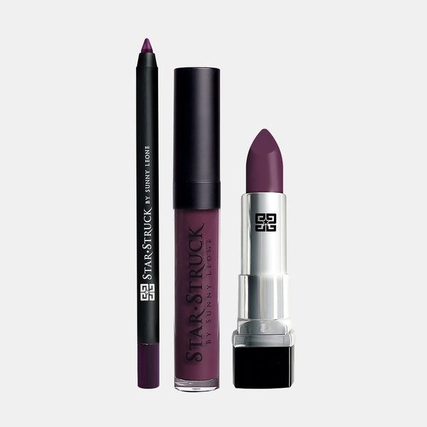 Wine - 3Pcs Lip Kit, Lip Gloss, Lipstick & Lipliner Kit - Deep Purple